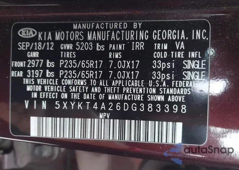 2013 Kia Sorento Lx V6 from USA, damaged, VIN 5XYKT4A26DG383398